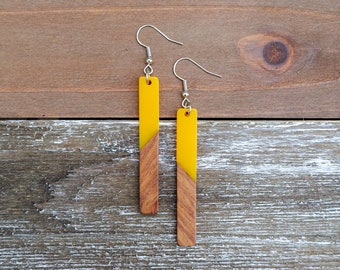 Sunny Yellow & Wood Bar Earrings | Boho Hippie Wooden Earrings | Minimalist and Hypoallergenic | Simple Elegant Jewelry |Trendy Gift for her