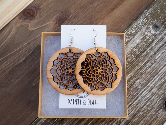 Wooden Mandala Earrings | Boho Hippie Wood Earrings | Laser Cut Pendant | Natural Jewelry | Dainty Positive Jewelry | Trendy Gift for her