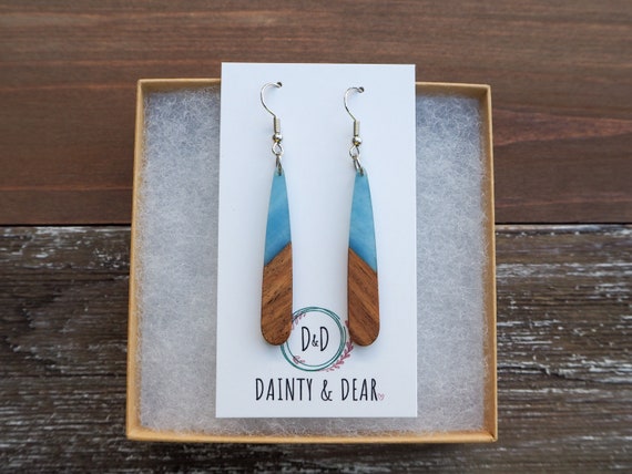 Cloudy Blue & Wood Teardrop Bar Earrings | Boho Hippie Wooden Earrings | Minimalist and Hypoallergenic |Simple, Dainty, Trendy Gift for her