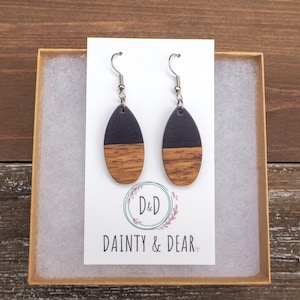Navy Blue & Wood Drop Earrings | Boho Hippie Wooden Earrings | Hypoallergenic Resin and Wood Earrings |Dainty, Cute Trendy Gift for her