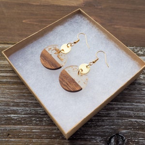 Small Gold Flakes & Wood Circle Earrings with Disc Round Resin and Wood Earrings Boho Wooden Earrings Beautiful, Trendy Gift for her image 4