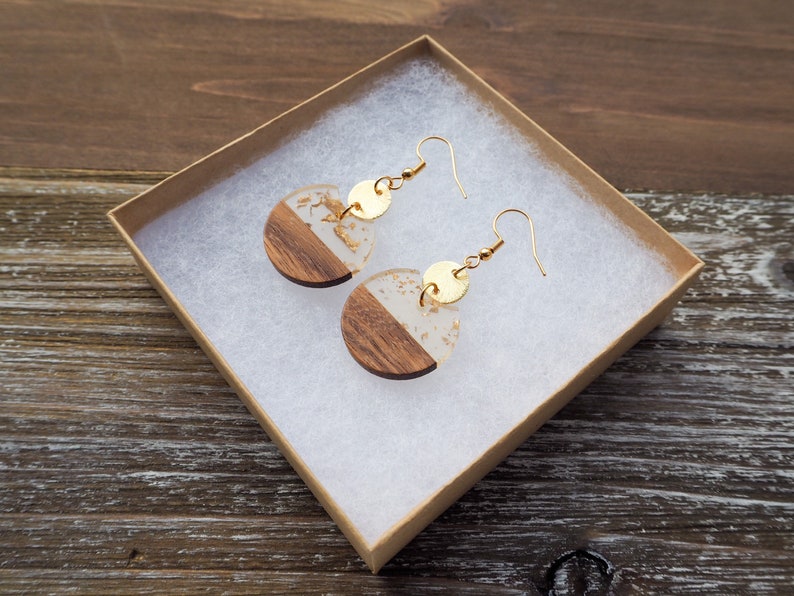 Small Gold Flakes & Wood Circle Earrings with Disc Round Resin and Wood Earrings Boho Wooden Earrings Beautiful, Trendy Gift for her image 4