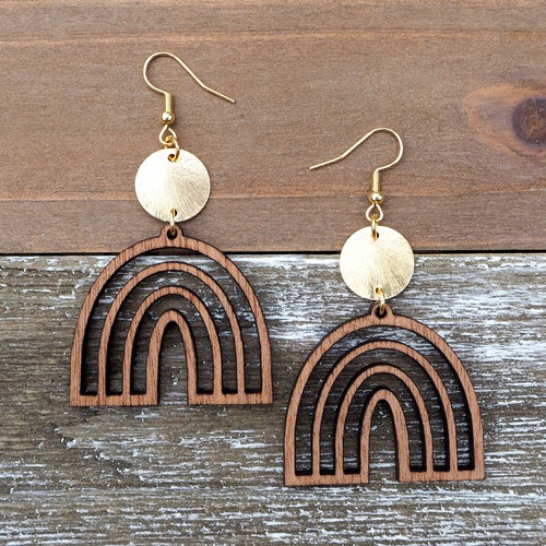 Wooden Rainbow Earrings with Disc | Boho Hippie Wood Earrings | Cute and Positive Hypoallergenic Wooden Earrings | Fun, Trendy Gift for her