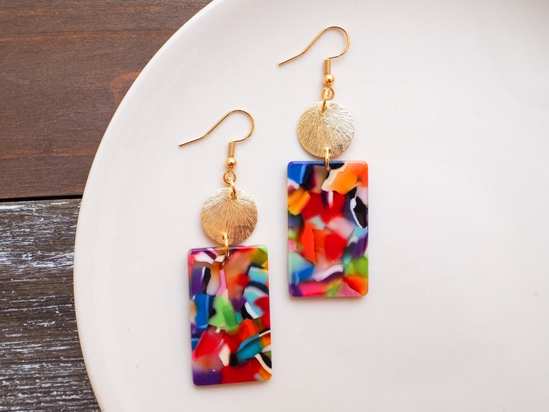 Color Pop Rectangle Earrings with Disc Eco-Friendly Acetate Earrings Fun Lightweight Earrings Hypoallergenic, Cute Trendy Gift for her image 3