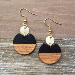 Small Black & Wood Circle Earrings with Disc | Classic Round Resin and Wood Earrings | Boho Wooden Earrings | Beautiful, Trendy Gift for her