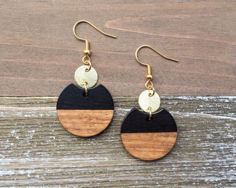 Small Black & Wood Circle Earrings with Disc | Classic Round Resin and Wood Earrings | Boho Wooden Earrings | Beautiful, Trendy Gift for her