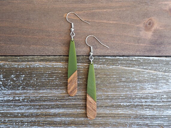 Avocado Green & Wood Teardrop Bar Earrings | Boho Hippie Wooden Earrings | Minimalist and Hypoallergenic | Dainty, Trendy Gift for her
