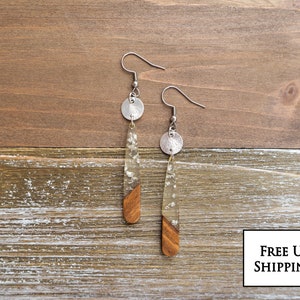 Silver Flakes & Wood Teardrop Bar Earrings with Disc | Boho Hippie Wooden Earrings | Minimalist and Hypoallergenic | Trendy Gift for her