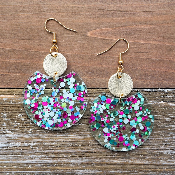 Pink Aqua Confetti Sparkle Circle Earrings with Disc | Fun Glitter Confetti Earrings | Sparkling Lightweight Earrings | Cute Gift for her