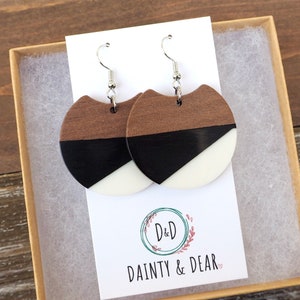 Black, White & Wood Circle Earrings | Boho Hippie Wooden Earrings | Hypoallergenic Resin and Wood Earrings | Dainty Trendy Gift for her