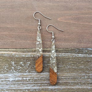 Silver Flakes & Wood Teardrop Bar Earrings | Boho Hippie Wooden Earrings |Minimalist and Hypoallergenic |Simple, Dainty, Trendy Gift for her