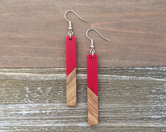 Lipstick Red & Wood Bar Earrings | Boho Hippie Wooden Earrings | Minimalist and Hypoallergenic | Simple Elegant Jewelry |Trendy Gift for her