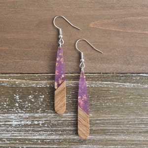 Lilac Sparkle & Wood Teardrop Bar Earrings | Boho Hippie Wooden Earrings | Minimalist and Hypoallergenic | Dainty, Trendy Gift for her