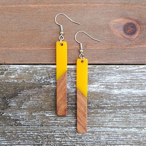 Yellow Resin & Wood Bar Earrings | Hypoallergenic Boho Wooden Jewelry | Minimalist, Lightweight Earrings