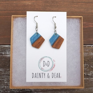 Mini Cloudy Blue & Wood Polygon Earrings | Boho Hippie Wooden Earrings |Hypoallergenic Resin and Wood Earrings |Dainty, Trendy Gift for her