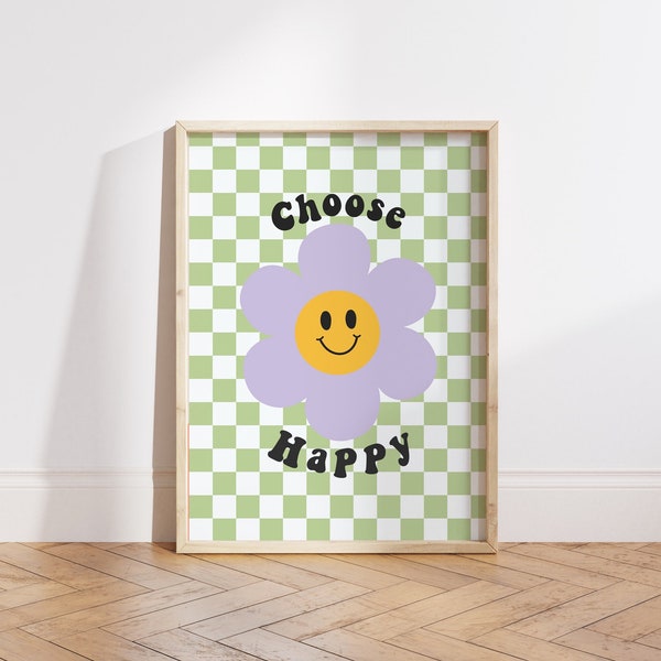 Choose happy print, y2k wall decor, new home gift, motivational print, groovy print, colourful print, daisy print, smiley face print