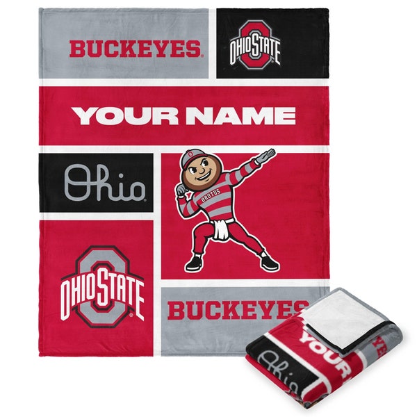 Official NCAA Ohio State Buckeyes Colorblock Personalized Silk Touch Throw Blanket Featuring Brutus Buckeye