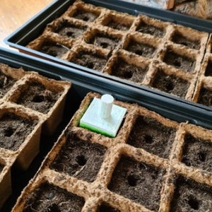 Puede incluir: Dos bandejas de plástico negro llenas de bloques de tierra para sembrar. Los bloques de tierra son cuadrados y tienen un agujero en el centro. Una herramienta blanca y verde se encuentra en una de las bandejas.