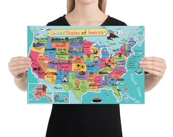 USA Poster - Illustrated Map USA - Educational Map - USA Cartoon Map - Gift for Kids - Educational Gift - United States Poster