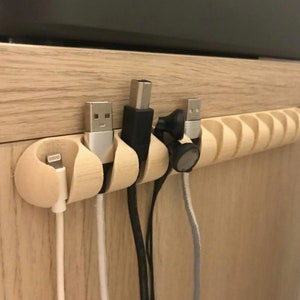 Cable Management Charger Organizer Desk Supply Multiple Device, up to 6 Cord,  Holder for Speakers, Headphone Wires Made of Solid Wooden 
