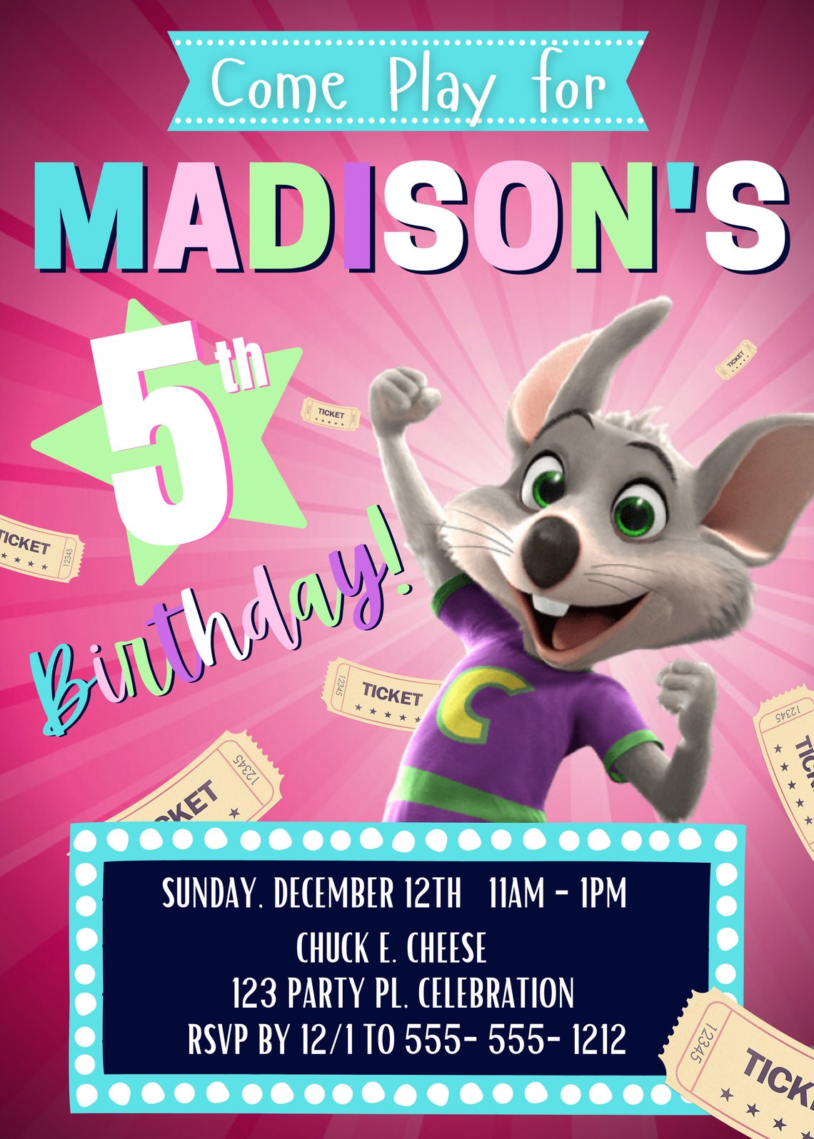 Chuck E. Cheese Invitation, Chuck E. Cheese Invite Template, Chuck E