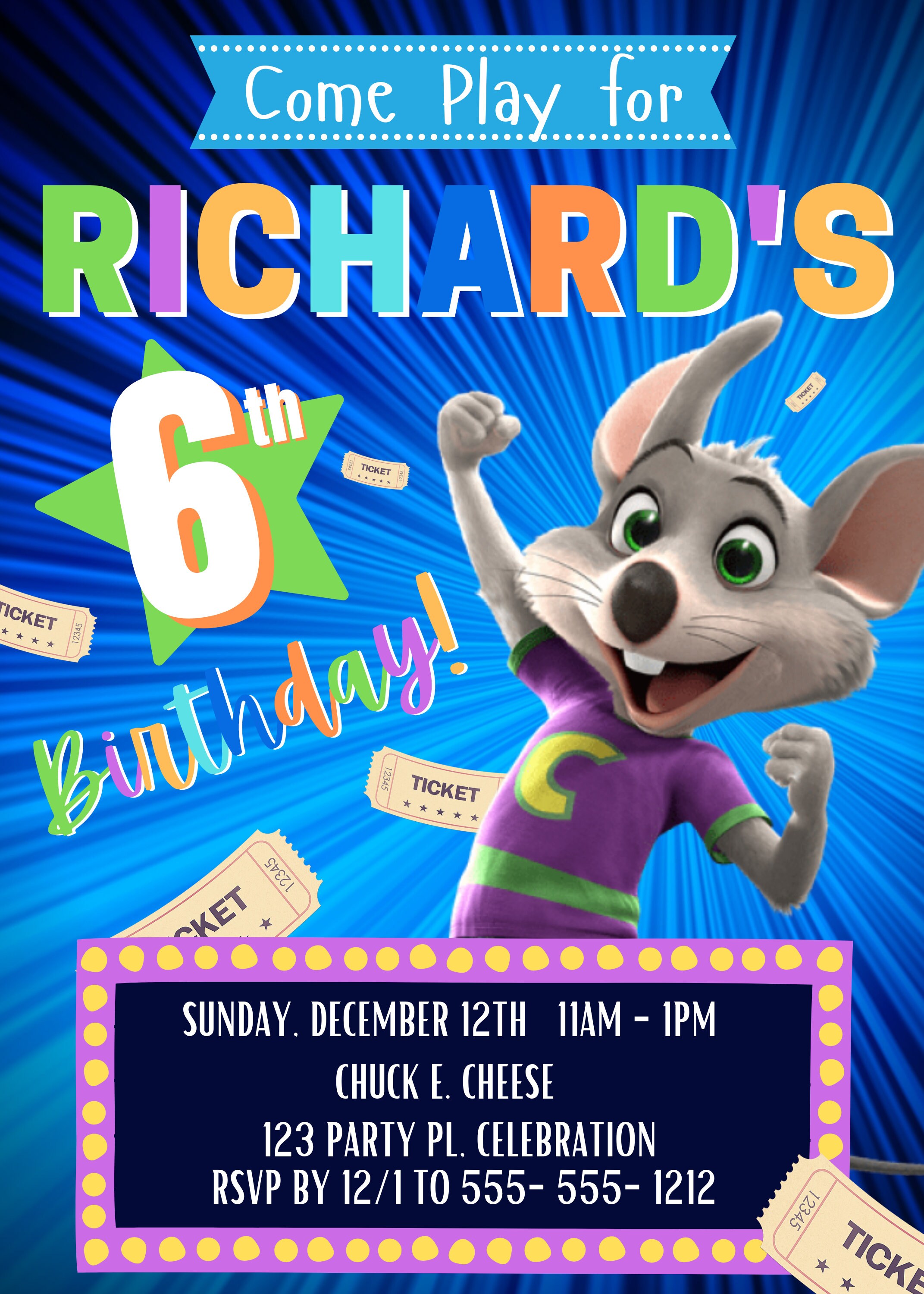 Chuck E. Cheese Invitation, Chuck E. Cheese Invite Template, Chuck E. Cheese Editable Invite