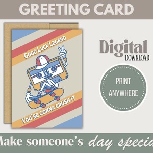 Afdrukbare gelukskaart, retro cassette-skateboarden, vintage kaart, grappige groovy kaart, digitale download, kaart met beste wensen, jaren 70, 80,