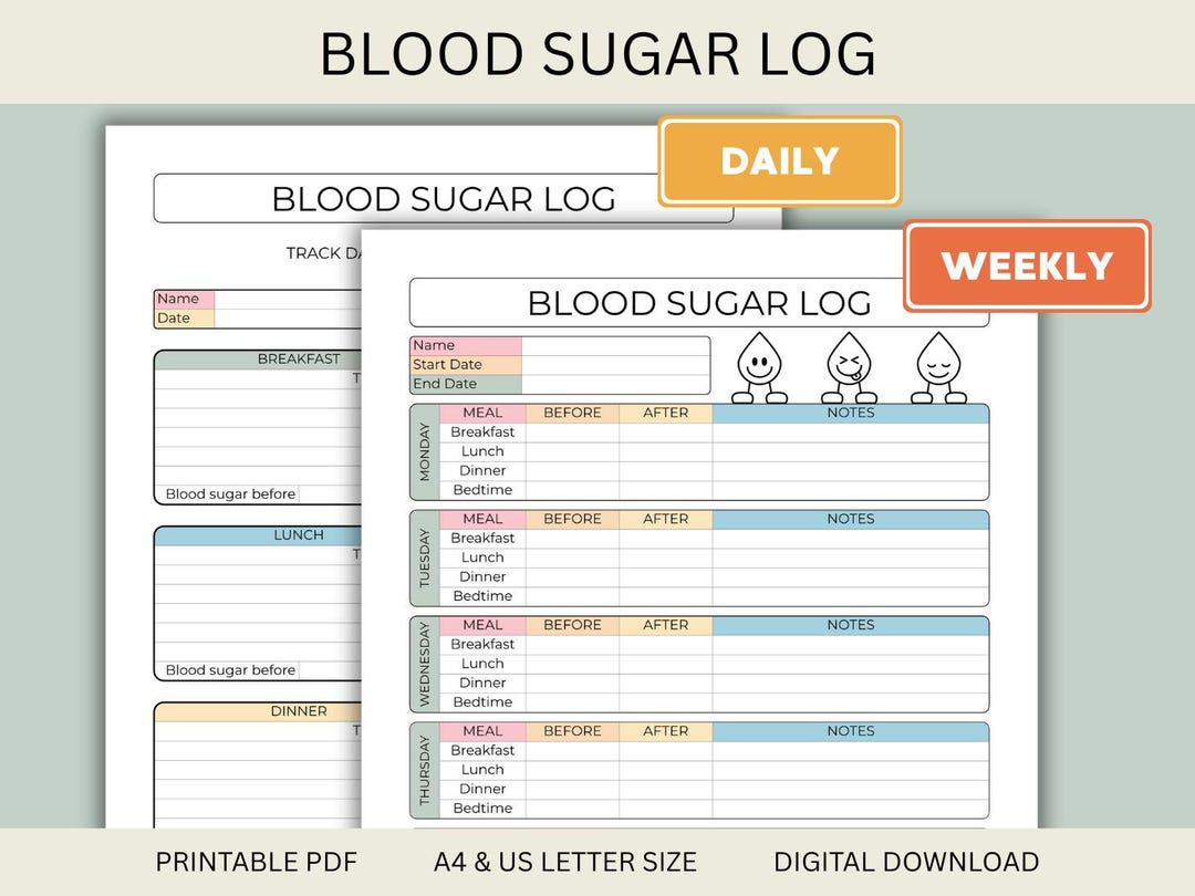 Blood Sugar Log, Blood Glucose Record, Glycaemic Diary, BGL Tracker ...