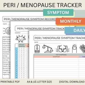 May include: A printable Peri/Menopause Symptom Tracker document set featuring black and white charts with icons for tracking symptoms, dates, and monthly progress. The pages include headers labeled Peri/Menopause Symptom Tracker and sections for recording daily health data in a clear, organized layout.