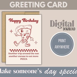 Druckbare Geburtstagskarte, Retro Pizza Karte, alles Gute zum Geburtstag Karte, lustige Geburtstagskarte, digitaler Download, Grußkarte, Vintage Karte, Groovy
