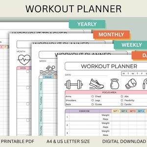 May include: A set of printable workout planners in PDF format. The planners include yearly, monthly, weekly, and daily layouts. Each planner features sections for tracking exercises, sets, reps, and focus areas. The text "WORKOUT PLANNER" is at the top.