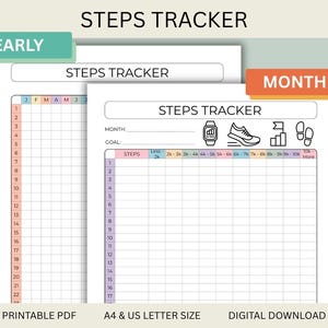 May include: A digital steps tracker printable PDF with yearly and monthly layouts. The yearly tracker has a grid with months and dates. The monthly tracker includes space for goals and step counts, with icons for activity levels.