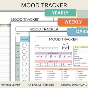 May include: Printable mood trackers in PDF format, with yearly, weekly, and daily layouts. The designs include spaces for tracking energy, stress levels, and daily feelings. The text includes "Mood Tracker", "A4 & US Letter Size", and "Digital Download".