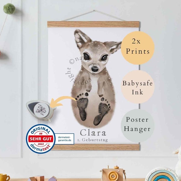Baby Geschenk Personalisiert, Fußabdruck Set, Wandbild Baby- & Kinderzimmer Tiere,  Reh