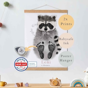 Baby Geschenk Personalisiert, Fußabdruck Set, Wandbild Baby- & Kinderzimmer Tiere,  Waschbär Baby Geschenk
