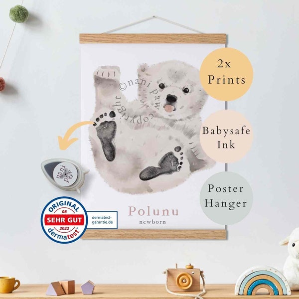 Baby Geschenk Personalisiert, Fußabdruck Set, Wandbild Baby- & Kinderzimmer Tiere,  Eisbär Baby Geschenk