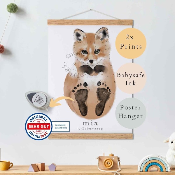 Baby Geschenk Personalisiert, Fußabdruck Set, Wandbild Baby- & Kinderzimmer Tiere,  Fuchs Baby Geschenk