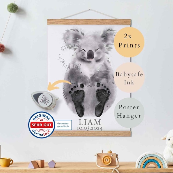 Baby Geschenk Personalisiert, Fußabdruck Set, Wandbild Baby- & Kinderzimmer Tiere,  Koala