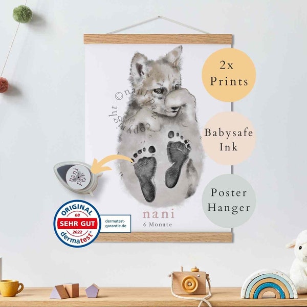 Baby Gift Personalized, Footprint Set, Wall Picture Baby & Children's Room Animals, Wolf