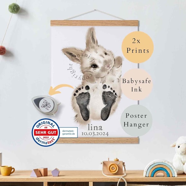 Baby Geschenk Personalisiert, Fußabdruck Set, Wandbild Baby- & Kinderzimmer Tiere,  Hase