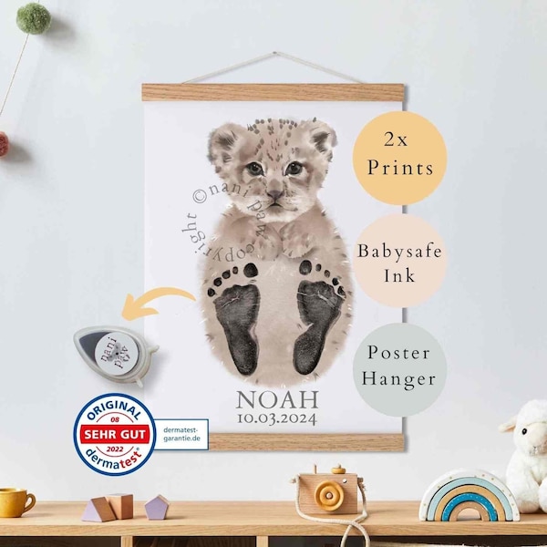 Baby Gift Personalized, Footprint Set, Wall Picture Baby & Children's Room Animals, Lion Baby Gift