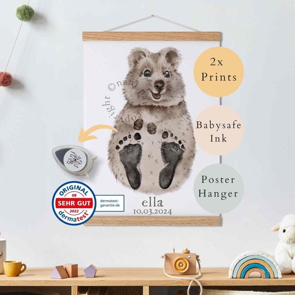 Baby Geschenk Personalisiert, Fußabdruck Set, Wandbild Baby- & Kinderzimmer Tiere,  Quokka