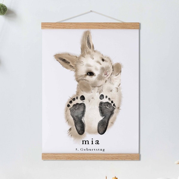 Baby Geschenk Personalisiert, Fußabdruck Set, Wandbild Baby- & Kinderzimmer Tiere,  Hase