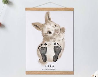 Baby Gift Personalized, Footprint Set, Wall Picture Baby & Children's Room Animals, Rabbit