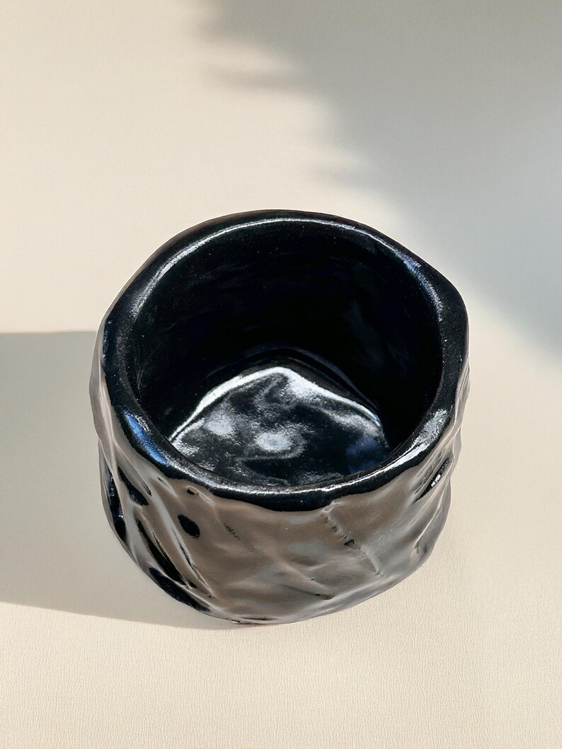 May include: A black ceramic planter with a textured, rough exterior. The planter has a wide, round opening and a smooth, glossy interior.