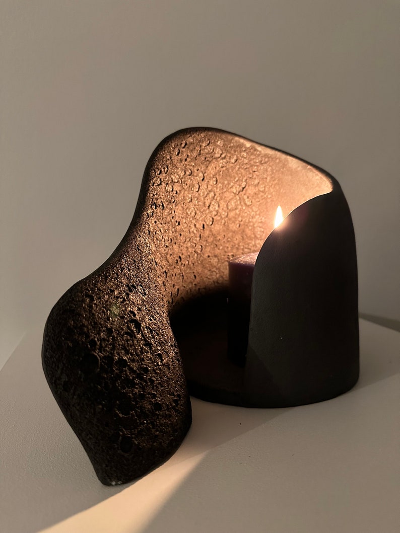 Black Ceramic Candle Holder Black Ceramic Vase Textured Candle Holder Sculptural Candle Holder image 4