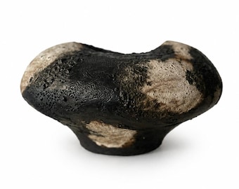 May include: A handcrafted, organic-shaped ceramic vase. The vase features a dark, textured surface with a blend of black and tan hues. Its unique form and color palette make it a striking decorative piece.