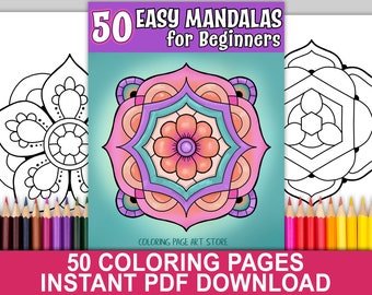 50 Easy Mandalas For Beginners | Printable Coloring Book | Instant Download PDF Coloring Pages