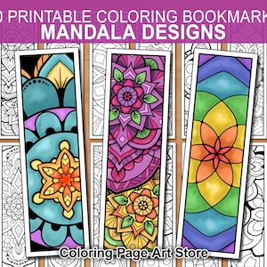 May include: 40 printable coloring bookmarks featuring mandala designs. The bookmarks are in a variety of colors, including blue, purple, orange, and yellow. The designs are intricate and detailed, and would be perfect for adults or children who enjoy coloring.