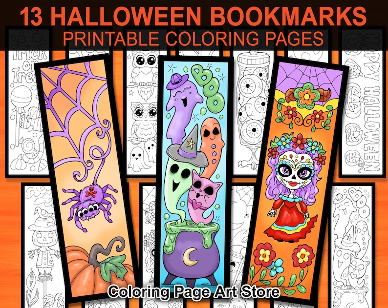 Printable Halloween Bookmarks to Color Cut and Color Bookmarks Bookmarks for Teens and Kids Bookmarks for Adults Coloring Book image 1